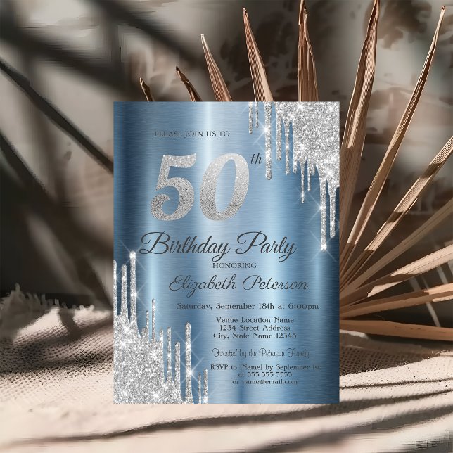 Invitación El Purpurina de plata tira el metal azul 50 cumple (Subido por el creador)