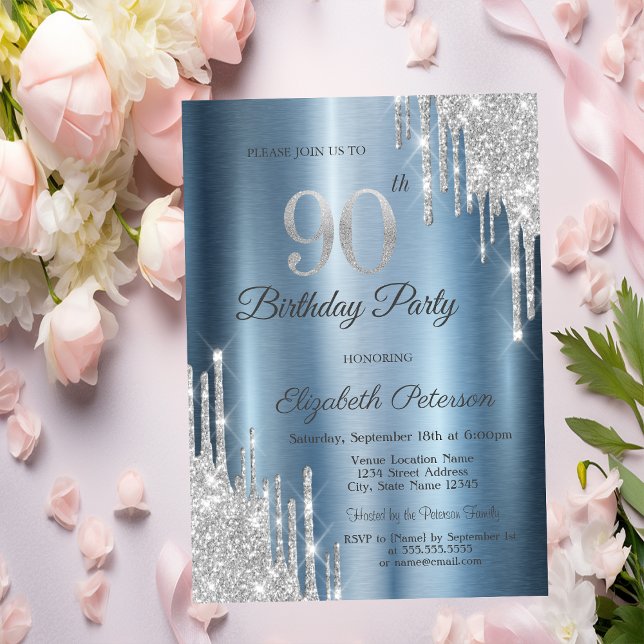 Invitación El Purpurina de plata tira el metal azul 90 cumple (Subido por el creador)