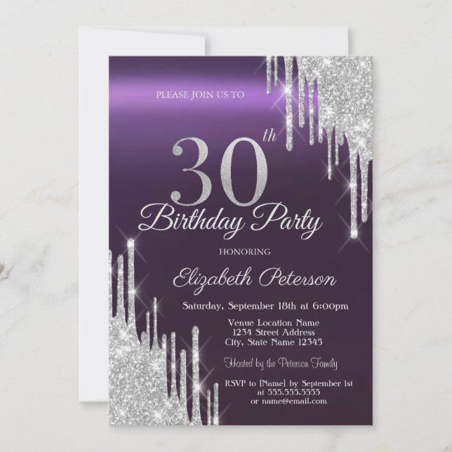 Invitación El Purpurina de plata tira morado oscuro 30 cumple (Anverso)