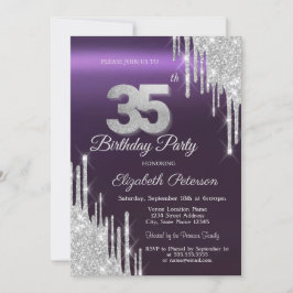 Invitación El Purpurina de plata tira morado oscuro 35 cumple