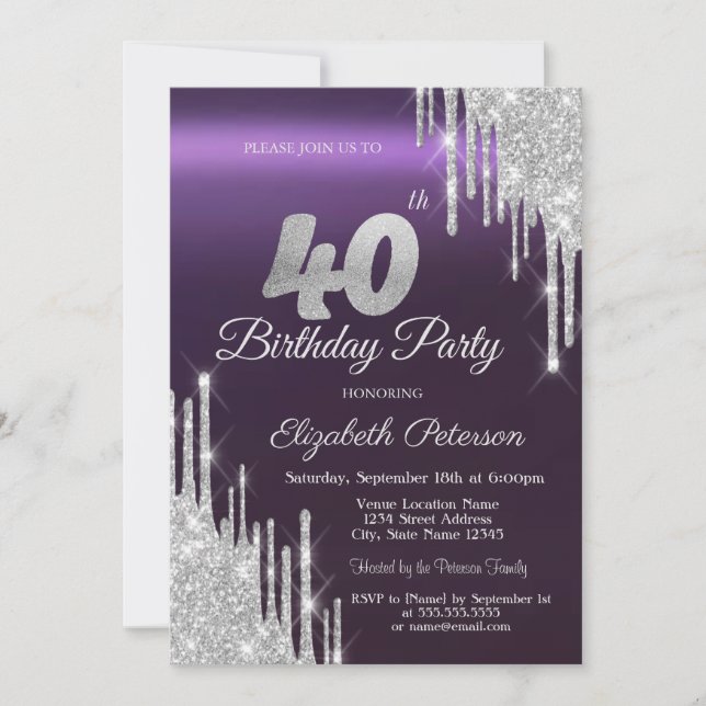 Invitación El Purpurina de plata tira morado oscuro 40 cumple (Anverso)