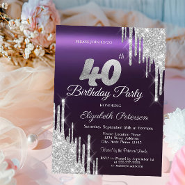 Invitación El Purpurina de plata tira morado oscuro 40 cumple