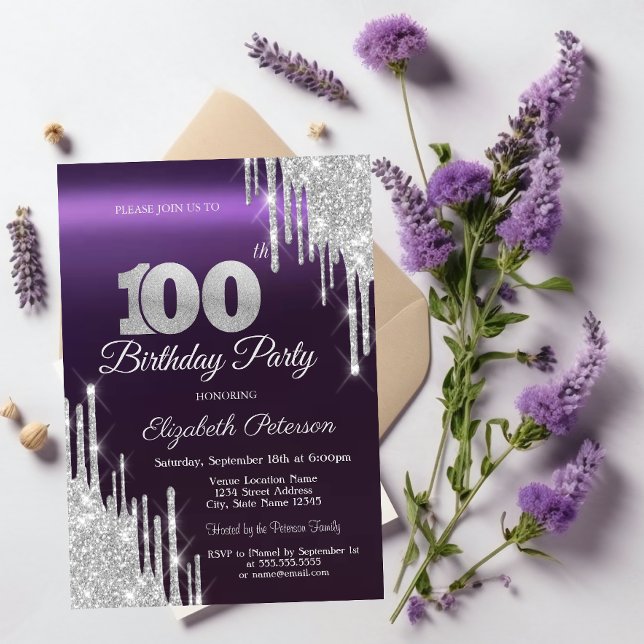 Invitación El Purpurina de plata tira morado oscuro cumpleaño (Subido por el creador)