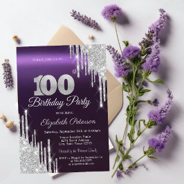Invitación El Purpurina de plata tira morado oscuro cumpleaño