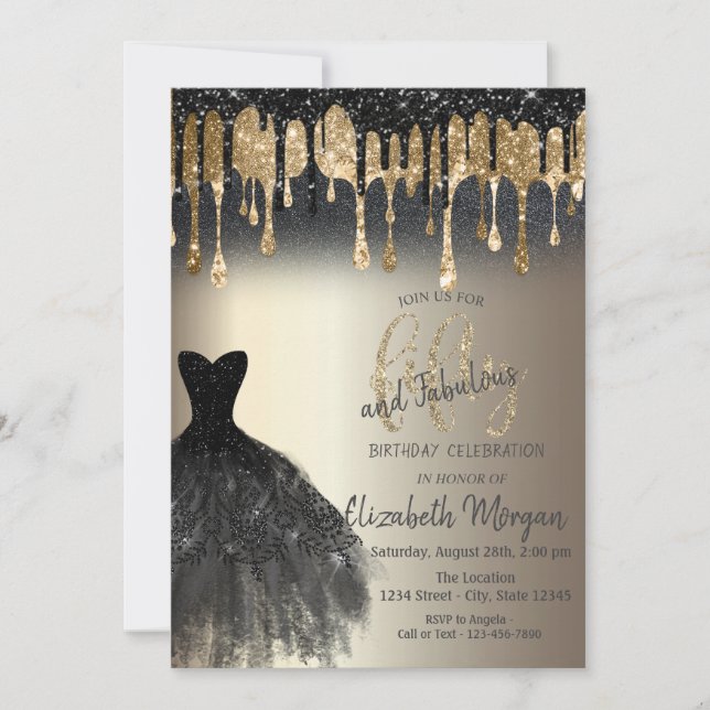 Invitación El purpurina deja el vestido negro 50 cumpleaños f (Anverso)