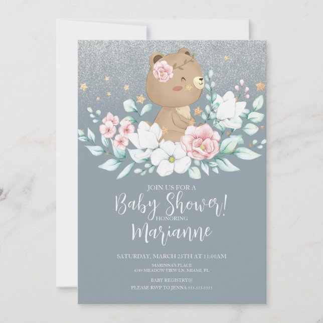 Invitación El Purpurina floral del oso Baby Shower azul rosad (Anverso)