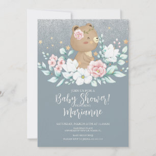 Invitación El Purpurina floral del oso Baby Shower azul rosad