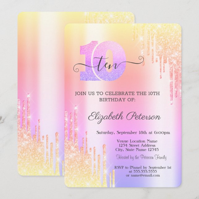 Invitación El Purpurina Guay Ombre degrada el décimo cumpleañ (Anverso / Reverso)