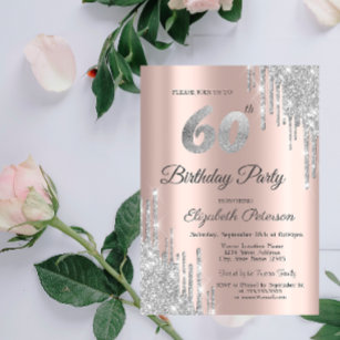 Invitación El Purpurina Plata gotea el oro Rosa 60 cumpleaños