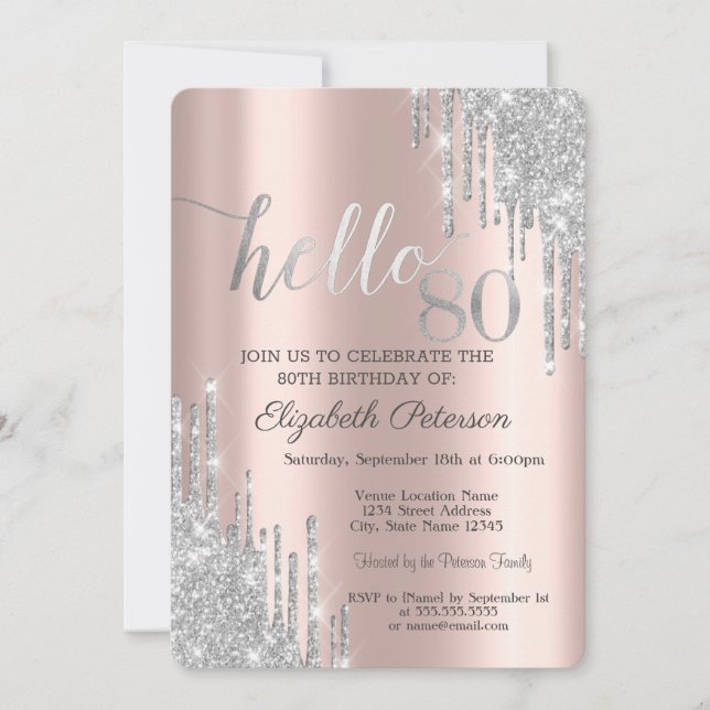 Invitación El Purpurina Plata gotea el oro Rosa 80 cumpleaños (Anverso)