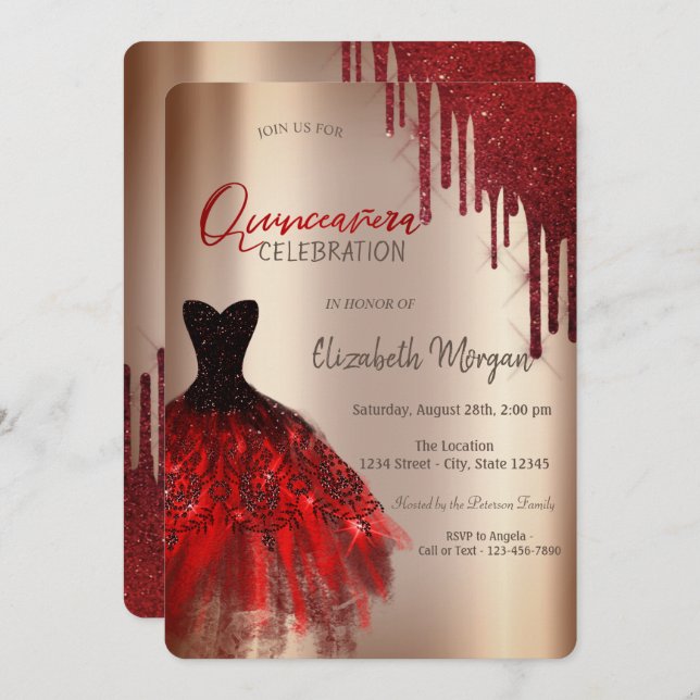 Invitación El Purpurina rojo gotea con el vestido Quinceañera (Anverso / Reverso)