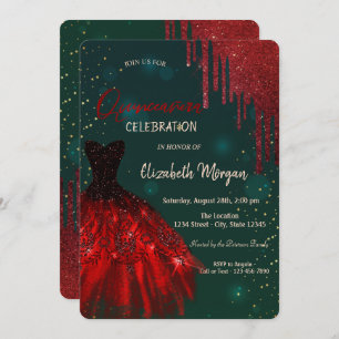 Invitación El Purpurina rojo gotea con la ropa verde quinceañ