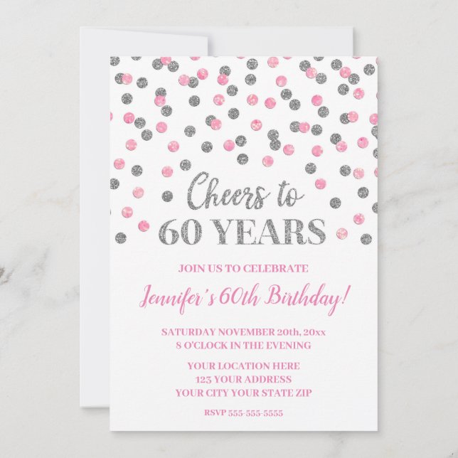 Invitación El Purpurina rosado de Plata, Confetti, vitorea a  (Reverso)