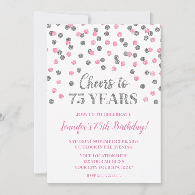 Invitación El Purpurina rosado de Plata, Confetti, vitorea a  (Reverso)