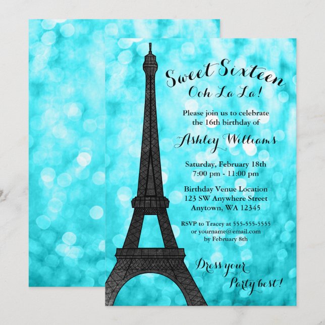 Invitación El purpurina verde azulado de París Bokeh enciende (Anverso / Reverso)