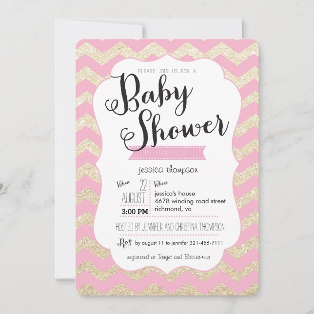 Invitación El purpurina y Chevron rosado Baby Shower del oro (Anverso)