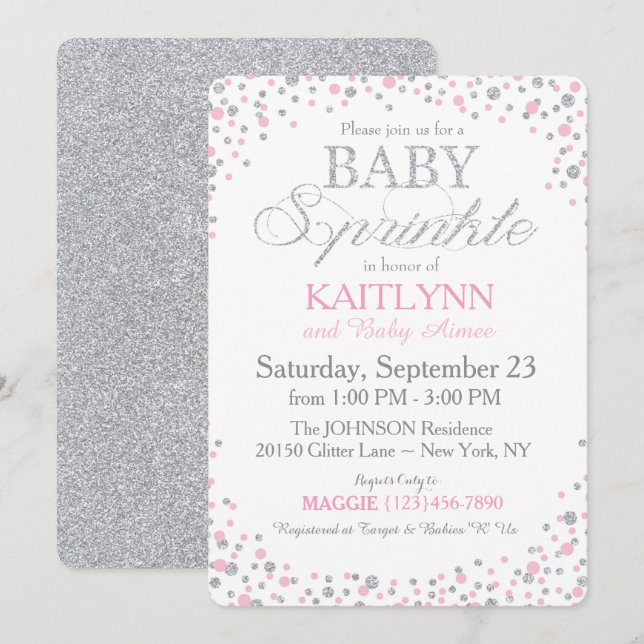 Invitación El purpurina y el rosa de plata asperjan Baby (Anverso / Reverso)