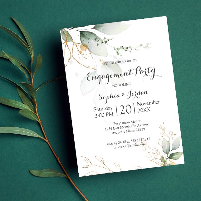 Invitación El Relieve metalizado dorado floral verde deja al  (Subido por el creador)