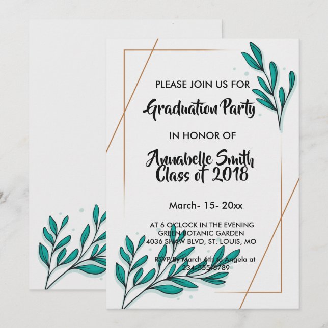 Invitación El Relieve metalizado dorado floral verde deja la  (Anverso / Reverso)