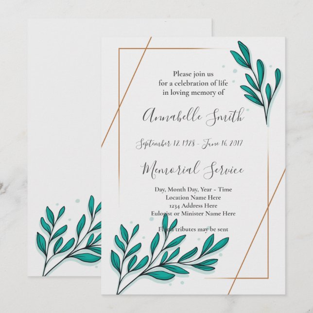 Invitación El Relieve metalizado dorado floral verde deja la  (Anverso / Reverso)