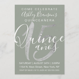 Invitación El Relieve metalizado plateado verde sabio de Quin