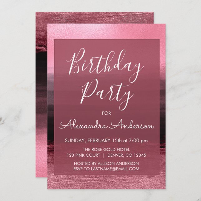 Invitación El Relieve metalizado rosado Girly Paint Strokes C (Anverso / Reverso)
