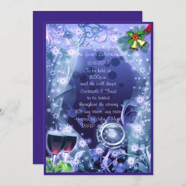 Invitación El reloj azul golpea a 12 Fiestas de Año Nuevo (Anverso / Reverso)