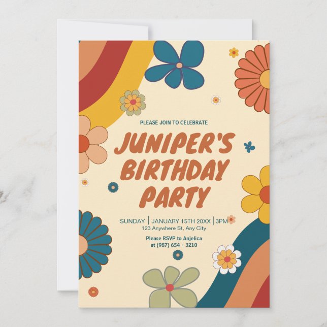 Invitación El retro Boho Flor silvestre hace 70 años (Anverso)