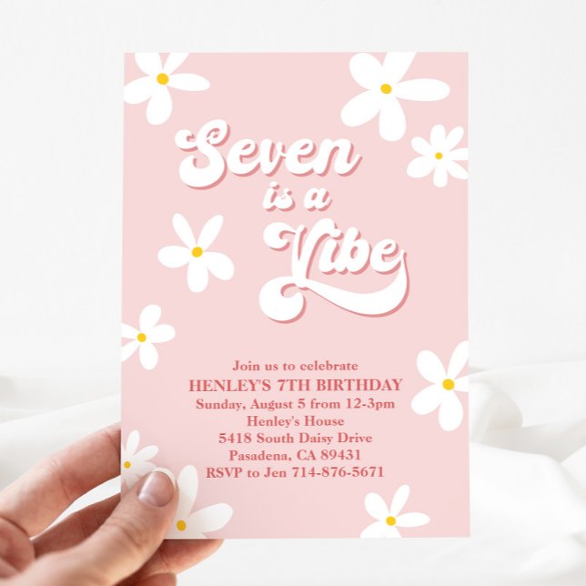Invitación El Retro Rosa Daisy Seven Es Un Cumpleaños Vibrant (Subido por el creador)