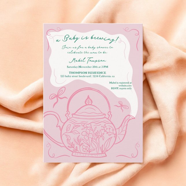 Invitación El retro rosado dobla tetera el bebé se está prepa (Pink retro bows teapot baby is brewing shower invitation)