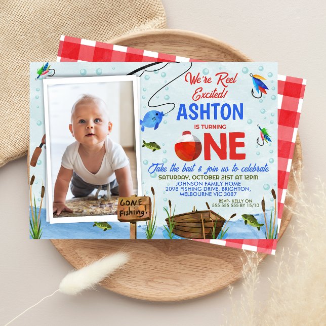 Invitación El Rojo Azul Reel Ofishal Agitó La Pesca El Primer (Boys Fishing 1st Birthday Invitation Ofishally One Reel Excited Big One, Fishing Themed 1st Birthday)