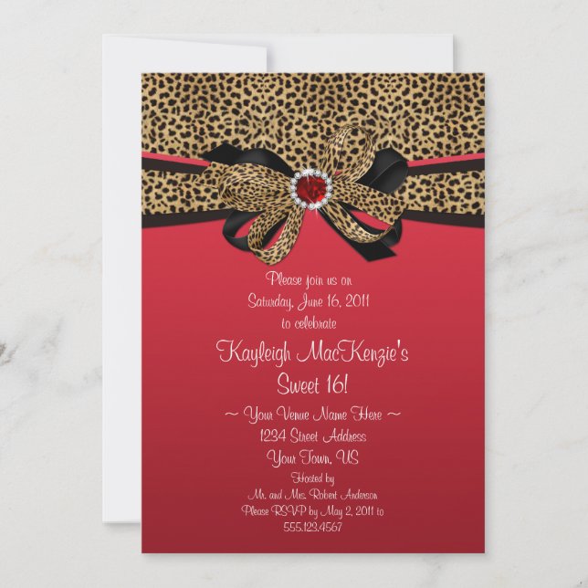 Invitación El rojo del estampado leopardo Jewels el dulce 16 (Anverso)