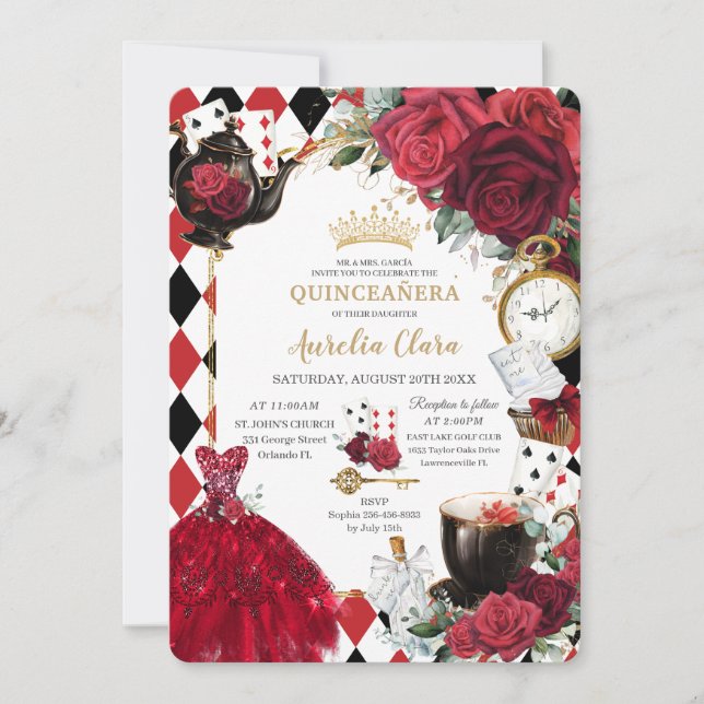 Invitación El Rojo Quinceañera Rodea Alicia Floral en el País (Anverso)