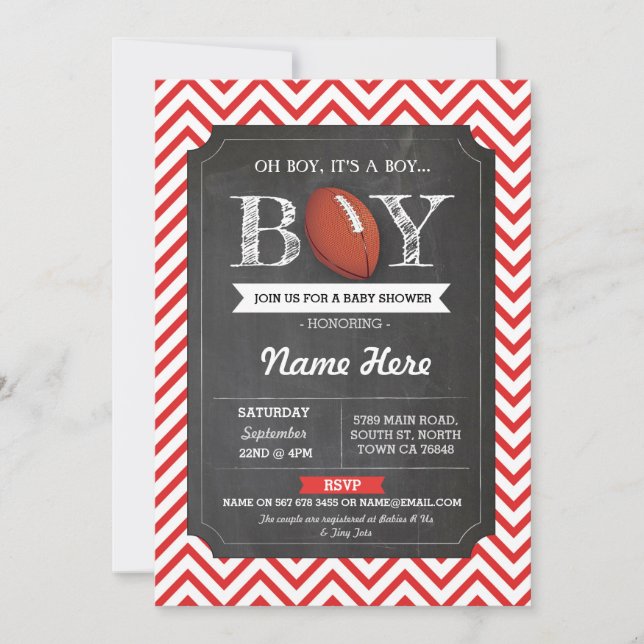 Invitación El rojo rojo del rugbi de Baby Shower del muchacho (Anverso)