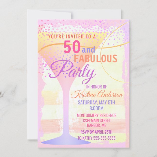 Invitación El rosa de la acuarela rayó 50 y cumpleaños (Anverso)
