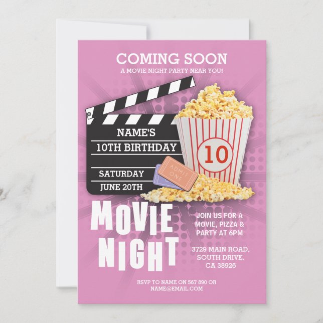 Invitación El rosa de la fiesta de cumpleaños del cine de la (Anverso)
