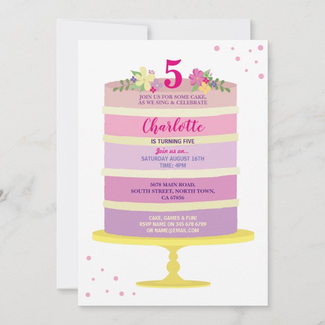 Invitación El rosa de la torta de la fiesta de cumpleaños (Anverso)