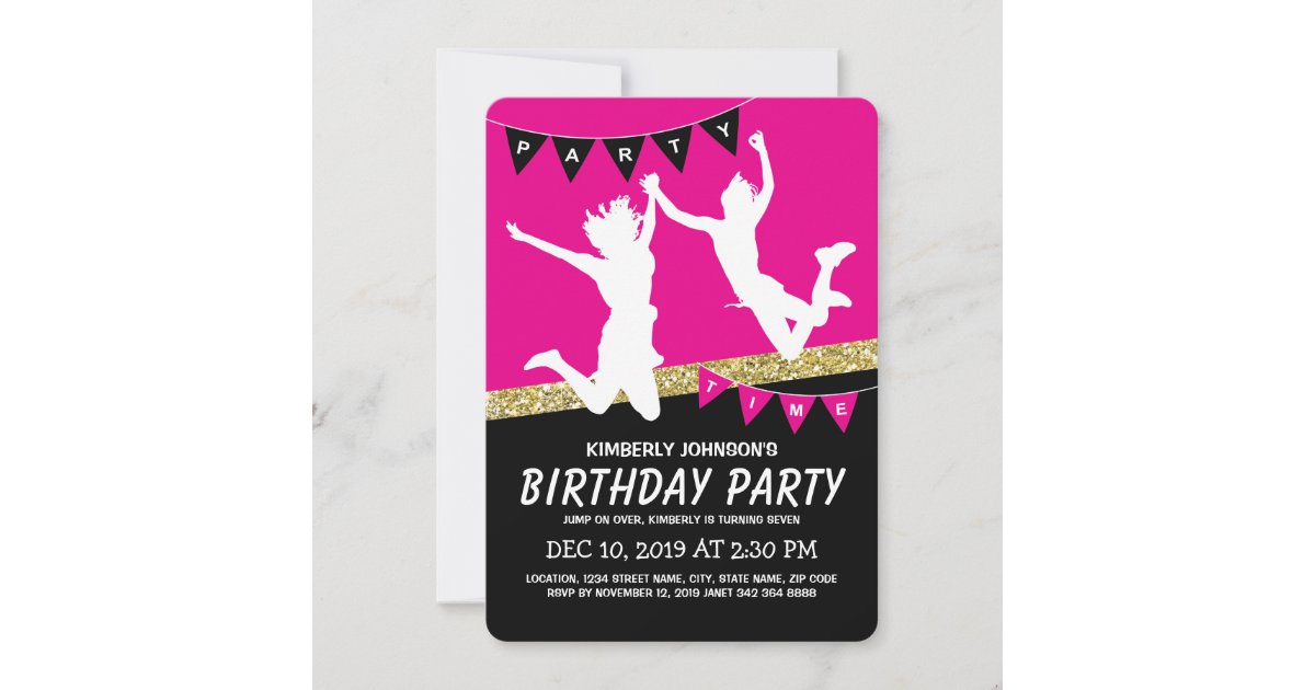 Invitacion El Rosa Del Chica Del Parque Del Trampolin Embroma Zazzle Es