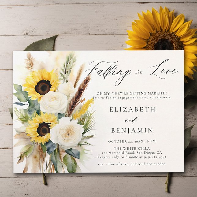Invitación El Rosa del girasol Boho Pampas (fall engagement party invitation rustic sunflower rose boho pampas dry grass watercolor elegant rust)