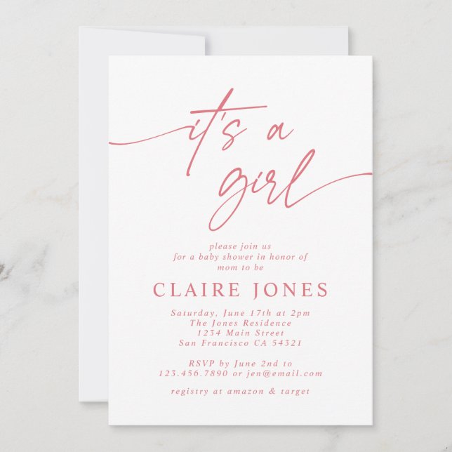 Invitación El rosa elegante moderno es un guión Chica Baby Sh (Anverso)