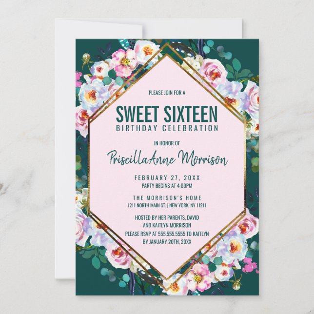 Invitación El rosa florece el dulce esmeralda 16 del jade del (Anverso)