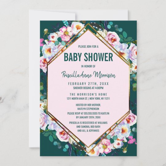 Invitacion El Rosa Florece El Jade Esmeralda Baby Shower Del Zazzle Es