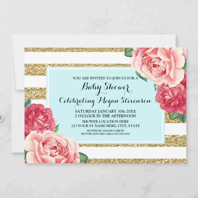 Invitación El rosa florece las rayas Baby Shower del oro de (Reverso)