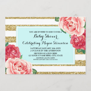 Invitación El rosa florece las rayas Baby Shower del oro de