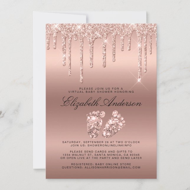 Invitación El Rosa Gold Purpurina mejora Baby Shower virtual (Anverso)