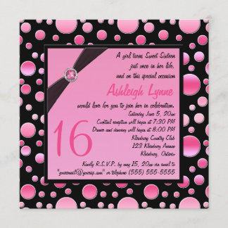 Invitación El rosa IMPRESO de la CINTA, el dulce negro 16 de