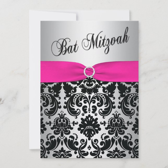 Invitación El rosa, la plata, y el palo negro Mitzvah del (Anverso)