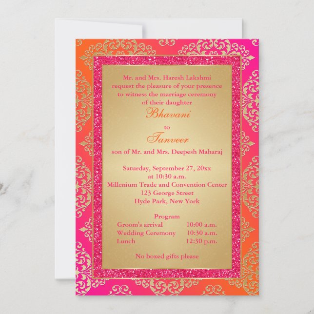 Invitación El rosa, naranja, FALSA boda del purpurina del oro (Anverso)