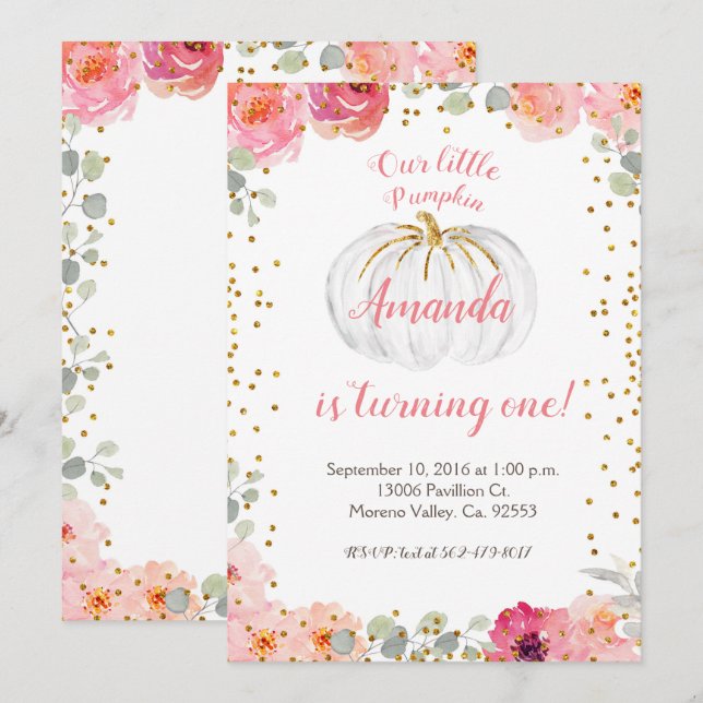 Invitación El rosa y el oro del chica nuestra calabaza está (Anverso / Reverso)
