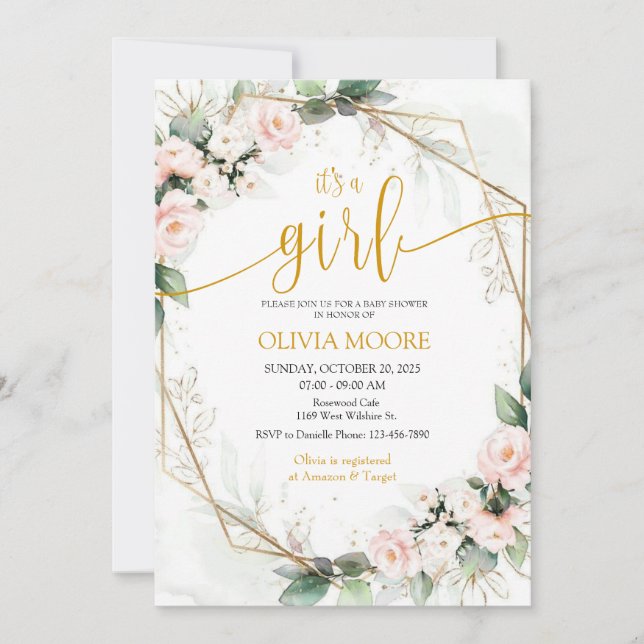 Invitación El rosa y el oro es un Baby Shower floral Chica (Anverso)